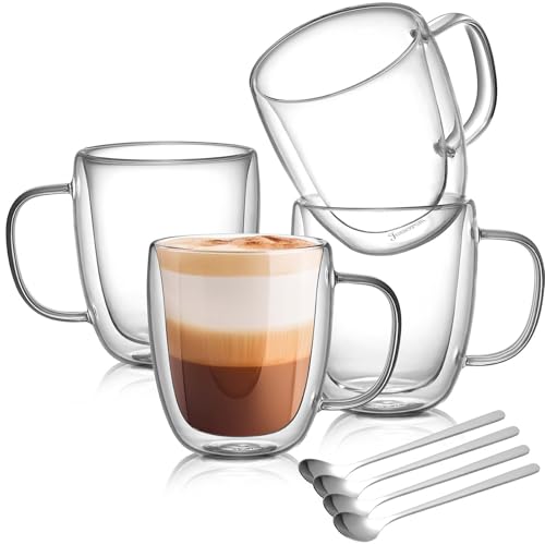 Jassceram Doppelwandige Glas-Kaffeetassen 4er Set, 420ml große Kapazität Gläser Becher mit 4 Löffel, Vakuum-Isolierglas mit Griff für Cappuccino Dessert Tee Latte Eiscreme 14oz von Jassceram