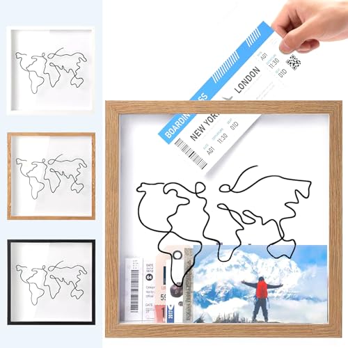Abenteuer-Archivbox,Reise-Sammelbox,Ticket-Schattenbox,Bilderrahmen Spardose Wandbehang,Ticket Schattenbox Adventure Archive Box Tischdekoration,Holzrahmen Reisetickets Box (30*30cm,Holzfarbe) von Jastown