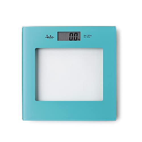 Jata HBAS1290 Digitale Personenwaage, LCD-Display, hohe Präzision, extra flach, Kapazität 150 kg, Glasplattform, automatische Abschaltung, inklusive Batterie, Blau von Jata