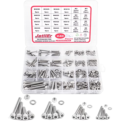 JatilEr 240pcs M3 M4 M5 M6 Zylinderschrauben mit Innensechskant Schrauben Set, A2-70 Sechskantschrauben 304 Edelstahl Sechskopf Fahrrad Schrauben Muttern und Unterlegscheiben Metrisch Gewindeschrauben von JatilEr