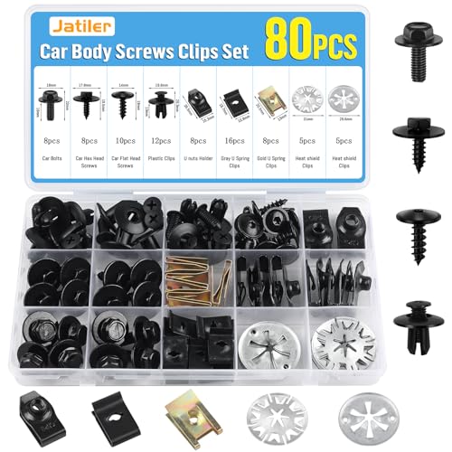 JatilEr 80 Stück Karosserieschrauben Clips Set, Kfz Blechmuttern Schraube Mutter Clip Kit, U Typ Befestigungsclips mit Klemmscheiben Hitzeschutzblech für Auto Body Undertray Fender Türverkleidung JatilEr 80 Stück Karosserieschrauben Clips Set, Kfz Blechmuttern Schraube Mutter Clip Kit, U Typ Befestigungsclips mit Klemmscheiben Hitzeschutzblech für Auto Body Undertray Fender Türverkleidung von JatilEr