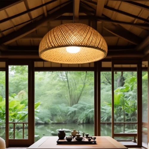 Jatwefiv Bambus Pendellampe Vintage Handgewebte Pendelleuchte Home Hängelampe Boho Pendelleuchte für Wohnzimmer Schlafzimmer Esszimmer Dekorative Beleuchtung,60cm von Jatwefiv