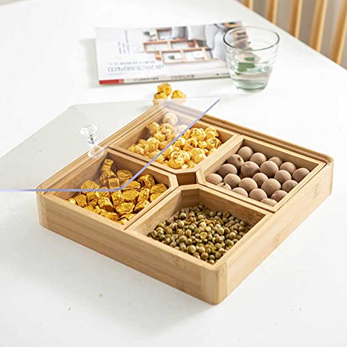 Bambus Nüsse Tablett,Snack Serviertablett Snacks Aufbewahrungsbox,Obstbox Trockenobstbehälter,Süßigkeitenteller mit Deckel,Süßigkeiten Box Mit Fach,Snackbox für Party, Hochzeitsdekoration (Quadrat) von Jauhmui