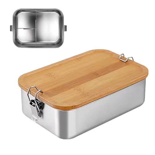 Bento Lunchbox für Erwachsene/Kinder, Edelstahl Brotdose, Brotzeitdose mit 2 Fächern/3 Fächern, Metalldose mit Holzdeckel, BPA-frei Metall Brotbox, Frühstücksbox für Schule/Ausflüge (1500ML,3 Fächern) von Jauhmui