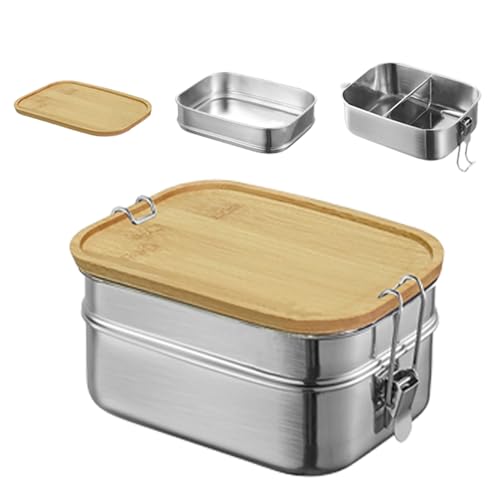 Bento Lunchbox für Erwachsene/Kinder, Edelstahl Brotdose,Brotzeitdose mit 2 Fächern, Metalldose mit Holzdeckel, BPA-frei Metall Brotbox, Frühstücksbox für Schule/Ausflüge(Doppeldecker) (2 Fächern) von Jauhmui