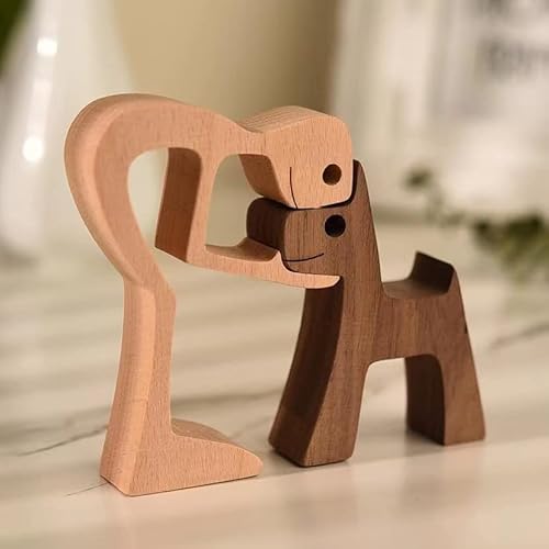 Holzskulptur Ornamente,Familien-Welpe Holzschnitzerei Ornamente, Hundefiguren Ornamente,Abstrakte Stil Menschen mit Hund Statue,Handgeschnitzte Figur,Holzschnitzerei Kreative Geschenke Hund (Stil D) von Jauhmui