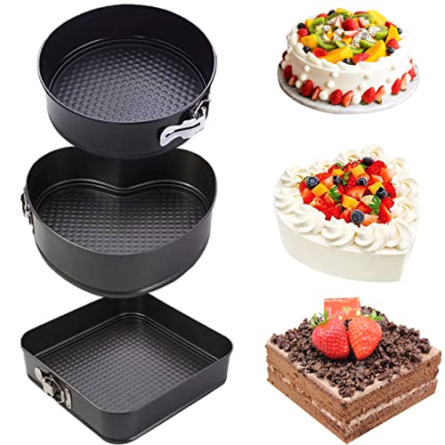 Jauhmui 3 Stück Kuchenformen,Springform Cake Pans,Backform/Quadratisch/Liebe Herz/Rund,Antihaftbeschichtet Auslaufsicher Flachboden,Kuchenform zum Backen Verschiedener Kuchen unt Brot(22/24/26 cm) von Jauhmui