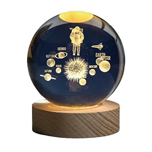 Jauhmui 3D Kristallkugel Nachtlicht,Tischdekoration Basteln Mit Holzsockel, 3D-Lasergravurverfahren LED Ball Lampe,leuchtende Kristallkugel-Ornament,Nachttischlampe,Astronomie-Geschenke für Kinder von Jauhmui