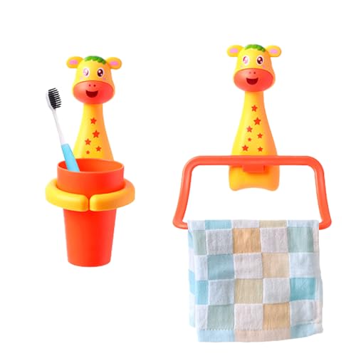 Jauhmui Zahnputzbecher Handtuchhalter Set für Kinder, Cartoon Tiere Zahnbürstenhalter, Zahnbürstenhalter ohne Bohren,Reinigungsmittel Für Babys (Giraffe) von Jauhmui