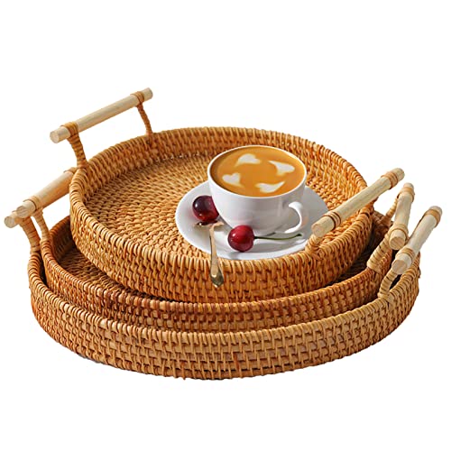 Rattan Rundes Serviertablett mit Griffen 3er-Set,Handgewebtes Rattan Tablett Wicker Tablett, Gewebte Brotkorb Obstkörbe,Rustikales dekoratives Tablett zum Servieren von Speisen,Crackern,Gebäck, Snacks von Jauhmui