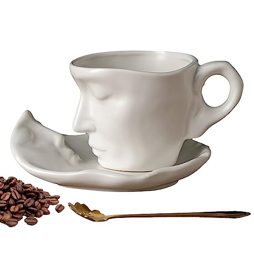 Tassen Untertassen Set,Kreatives abstraktes Design Thinker Keramikbecher mit Untertassen und Löffeln,Keramik Teetasse Lustige Kaffeetasse,für Valentinstag Muttertag kreatives Geschenk 260ml (Weiß) von Jauhmui