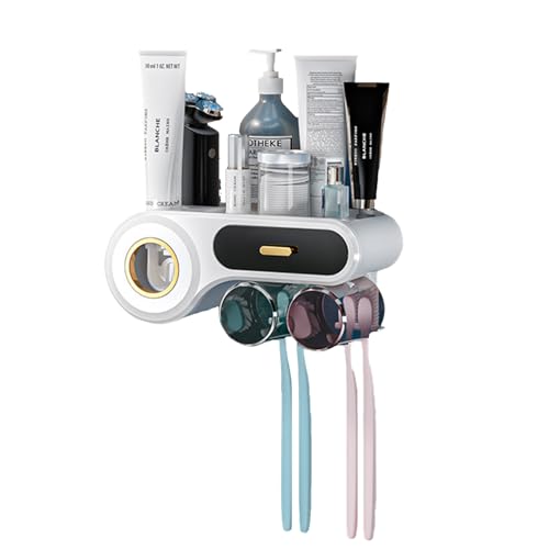 Zahnbürstenhalter,Zahnputzbecherhalter ohne Bohren,Zahnbürstenhalter Wand,Toothbrush Holder,mit automatischem Zahnpastaspender, zahnbürsten Becher, Zahnbürstenschlitzen & Kosmetik-Schublade (2 Tassen) von Jauhmui