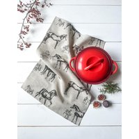 Geschirrtücher Aus Leinenmischung in Stilvollem Pferdedruck, Rustikale Handgefertigte Geschirrtücher, Stilvolle Küchentücher Geschirrtücher Aus Leinenmischung in Stilvollem Pferdedruck, Rustikale Handgefertigte Geschirrtücher, Stilvolle Küchentücher von JaujaLinen