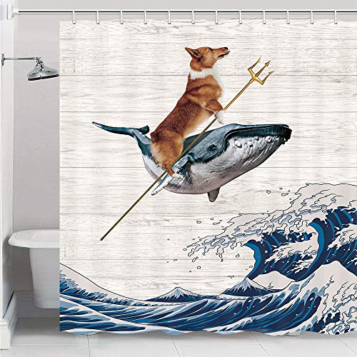 JAWO Lustiger Corgi-Hunde-Duschvorhang, der Corgi reitet einen Wal auf riesigen Wellen, rustikaler Holzbrett-Hintergrund, Ozeanwellen-Stoff-Duschvorhang-Set mit Haken, 175 x 178 cm (B x L) von JAWO