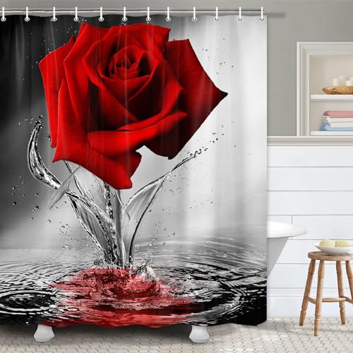 JAWO Rose Duschvorhang, Romantische Blumen Blüte Rote Rose Reflexion auf Wasser Stoff Badvorhang mit 12 Haken, Schwarz Grau Rot Badezimmer Vorhang, Maschinenwaschbar, 175 x 178 cm von JAWO