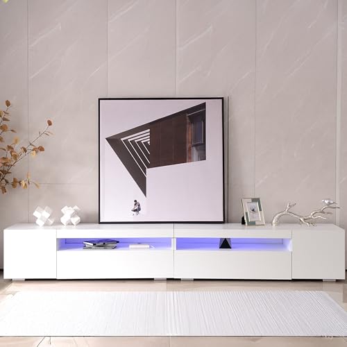 Jaxenor 240cm TV Schrank Weiss, Helles Panel Lowboard Wohnzimmer mit Variable LED-Beleuchtung, Modern TV Board, Fernsehschrank, Wohnzimmer Möbel, Glänzendes Panel, Nicht Hochglänzend, Weiß von Jaxenor