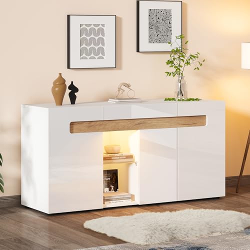 Jaxenor Hochglanz-Sideboard Wohnzimmer mit 3 Türen, Buffetschrank mit LED-Lichtsteuerung für Wohnzimmer, Esszimmer & Flur, App-Steuerung, Modern Wohnzimmerschrank mit Glasboden, Weiß von Jaxenor