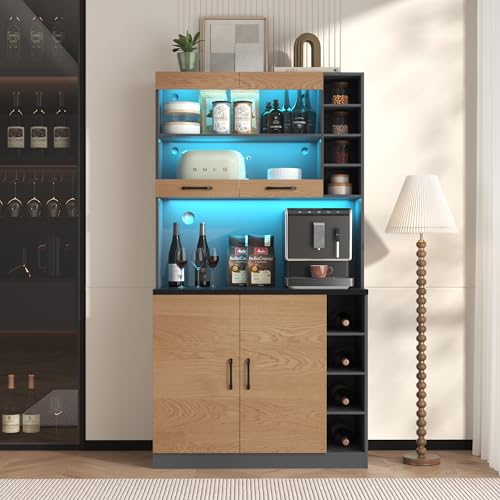 Jaxenor Küchenschrank aus Holz, Buffetschrank mit LED-Ambiente-Beleuchtung und Kabellöchern, Freistehend Küchenhochschrank mit Höhenverstellbare Seitliche Ablagefächer, Geschirrschrank, Natürlich von Jaxenor