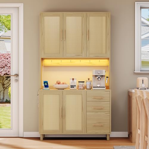 Jaxenor Küchenschrank mit Goldene Metallgriffe, Buffetschrank mit App-gesteuerte LED-Deko-Lichter, Küchenhochschrank mit Verstellbare Einlegeböden, Geschirrschrank mit 3 Schubladen, Natürlich von Jaxenor