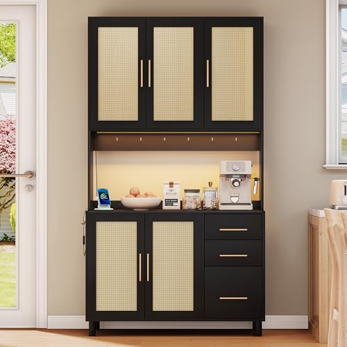 Jaxenor Küchenschrank mit Goldene Metallgriffe, Buffetschrank mit App-gesteuerte LED-Deko-Lichter, Küchenhochschrank mit Verstellbare Einlegeböden, Geschirrschrank mit 3 Schubladen, Schwarz von Jaxenor