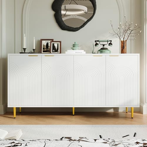 Jaxenor Sideboard Wohnzimmer mit 4 Türen, Buffetschrank für Wohnzimmer, Esszimmer & Flur, Modern Wohnzimmerschrank mit Goldene Gebürstete Griffe und Tischbeine, Weiß von Jaxenor