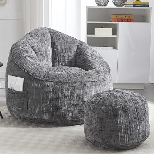 Jaxenor Sitzsack Sofa mit Hochdruck Schaumstoff, Bean Bag mit Fußstütze, Stzsack Erwachsene/Kinder, Sitzsack mit Füllung, Grau von Jaxenor