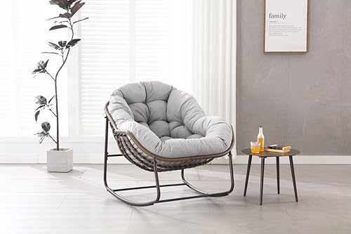 Jaxenor Übergroßer Schaukelstuhl aus Korbgeflecht in Eierform, ideal für drinnen und draußen, Mit dickem Kissen, perfekt für Balkon, Terrasse oder Garten, Moderner Loungesessel in hellgrau von Jaxenor