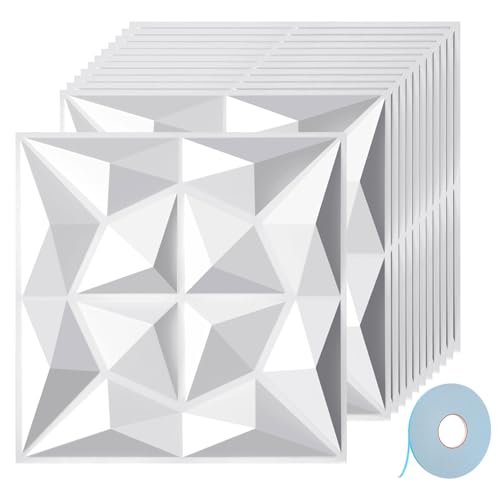 Jaxguom 3D Wandpaneele Diamant 12 Stück 30 x 30 cm (1.08m²), 3D Wall Panels mit Klebeband, Hochsteifes PVC Wanddeko Platten, Nicht Verformbar, Wasserfest, Hitzebeständig, Matt weiß von Jaxguom