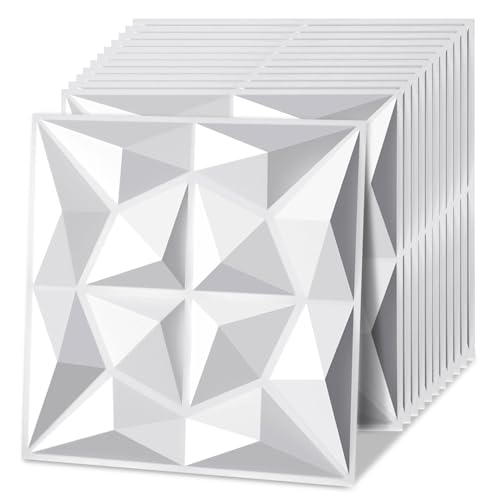 Jaxguom 3D Wandpaneele Diamant 24 Stück 30 x 30 cm (2.16m²), 3D Wall Panels Hochsteifes PVC Wanddeko Platten, Nicht Verformbar, Wasserfest, Hitzebeständig, Matt weiß von Jaxguom
