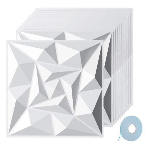 Jaxguom 3D Wandpaneele Diamant 36 Stück 30 x 30 cm (3.24m²), 3D Wall Panels Gaming Zimmer mit Klebeband, Hochsteifes PVC Wanddeko Platten, Wasserfest, Matt weiß von Jaxguom