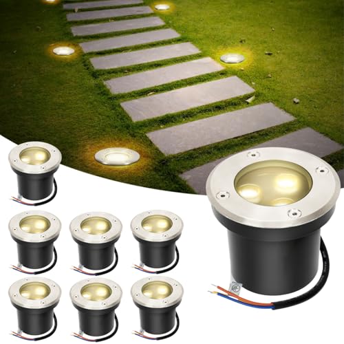 Jaxguom 8er Bodeneinbaustrahler aussen mit eingebaute LED 3W Warmweiß Lamp IP65 Bodenstrahler außen Schwarz Rund,Bodenleuchten befahrbar 230V,Bodeneinbauleuchten für Boden Garten Pool Pflanzen von Jaxguom