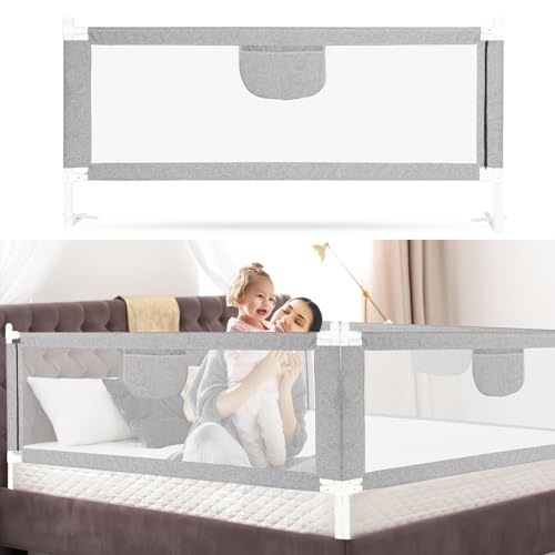 Jaxguom Bettgitter 200cm, Bettgitter Rausfallschutz Bett Höhenverstellbar 64-96cm, Bettschutzgitter Kinderbettgitter mit Luftiges Netz für Kinder & Elternbetten, Grau von Jaxguom