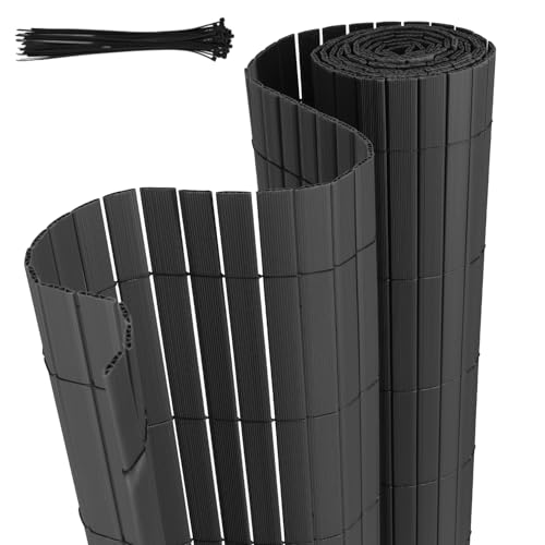 Jaxguom PVC Sichtschutzmatte, 90 x 400cm Sichtschutzzaun mit Kabelbindern, Verstärkte W-Struktur Lamellen, Wetterfester Windschutz für Balkon, Garten und Terrasse, Anthrazit von Jaxguom