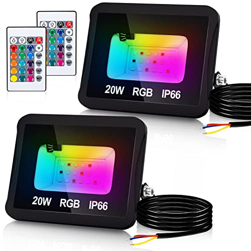 Jaxguom RGB LED Strahler Außen 2er 20W mit Fernbedienung, RGB Fluter LED Dimmbar Gartenstrahler, 16 Farben 4 Modi IP66 Wasserdicht, Memoryfunktion für Party Außen von Jaxguom