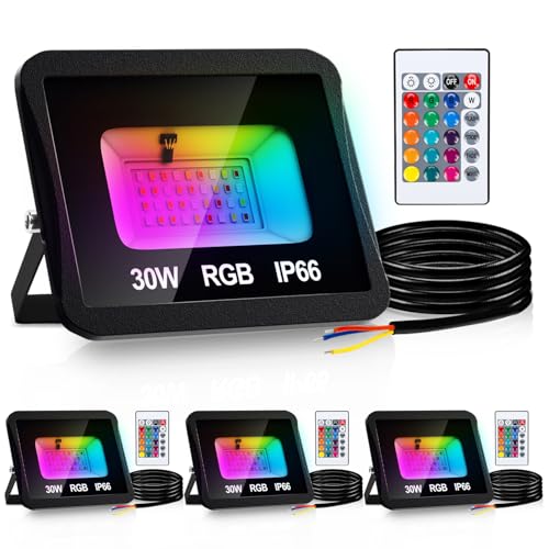 Jaxguom RGB LED Strahler Außen 4er 30W mit Fernbedienung, RGB Fluter LED Dimmbar Gartenstrahler, 16 Farben 4 Modi IP66 Wasserdicht, Memoryfunktion für Party Außen von Jaxguom