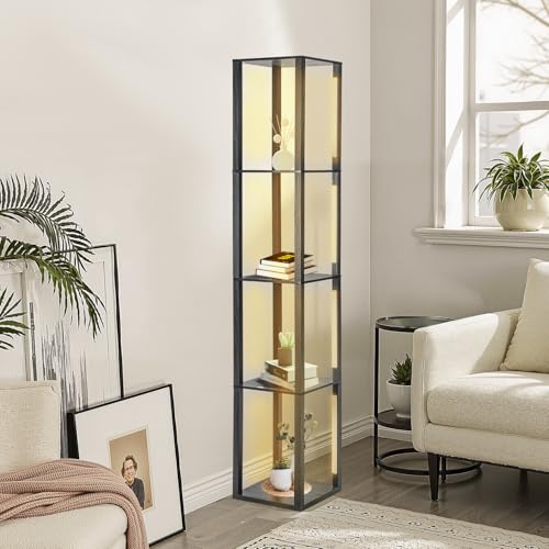 Jaxguom Stehlampe mit Regal, Quadratische LED Stehleuchte mit Dimmbarer Beleuchtung (3 Farbtemperaturen), 20W & 163 cm Höhe, 360° Drehbare Leuchten & Fußschalter, Modernes Design in Schwarz von Jaxguom