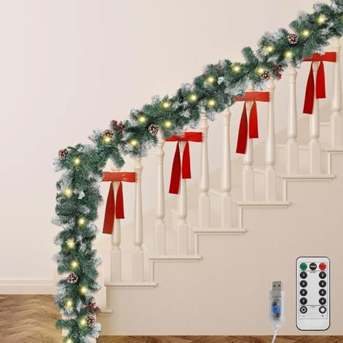 Jaxguom Weihnachtsgirlande mit Beleuchtung 2.7m LEDs Tannengirlande mit Deko und Fernbedienung Girlande Weihnachten beleuchtet, 8 Modus, Warmweiß, Weihnachtsdekoration Künstliche Girlande von Jaxguom