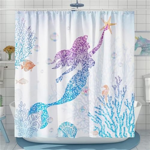 Duschvorhang Schöne Meerjungfrau 180x210cm, Gewichteter Saum, Schnell Trocknend Polyestergewebe Badezimmerzubehör, Waschbar Bad Vorhang Bohemien Shower Curtain mit Haken, für Badewanne/Dusche W-450 von Jaxiaco