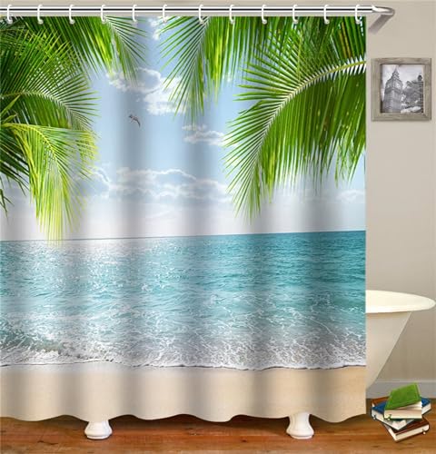 Duschvorhang Strand Meerblick 240x180cm, Gewichteter Saum, Schnell Trocknend Polyestergewebe Badezimmerzubehör, Waschbar Bad Vorhang Bohemien Shower Curtain mit Haken, für Badewanne/Dusche W-430 von Jaxiaco