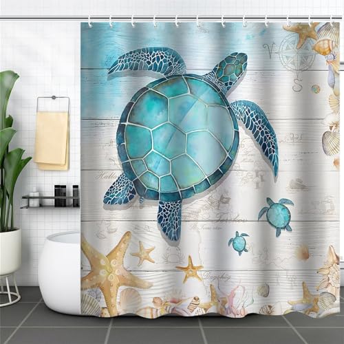 Meeresschildkröten Duschvorhänge mit 12 Haken, Polyster 180x180cm Wasserdicht Duschvorhang für Badezimmer, Gewichteter Saum, Badewannen Hotelvorhang, Maschinenwaschbar, Schnell Trocknend Q-643 von Jaxiaco