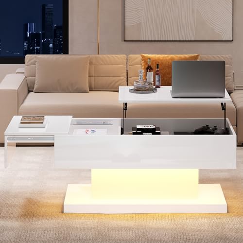Jaxilyn LED Couchtisch mit Hebefunktion, Hochglanz Schwarz-Gold, 100x50x45cm, Stauraum, Beleuchtung (Weiß) von Jaxilyn