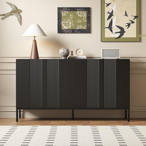 Jaxilyn Modernes Sideboard, 145 cm, 4 Türen, Schwarz, Gerippt, mit Metallbeinen (Schwarz) von Jaxilyn