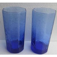 Vintage | 2 Große Strukturierte Stil Kobalt Blau Libbey Sechseck Form Glasbecher von Jaxsprats