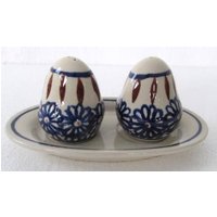 Vintage Boleslawiec Keramik Salz & Pfeffer Set Blaue Blumenkeramikschale, Handgefertigtes Polen von Jaxsprats