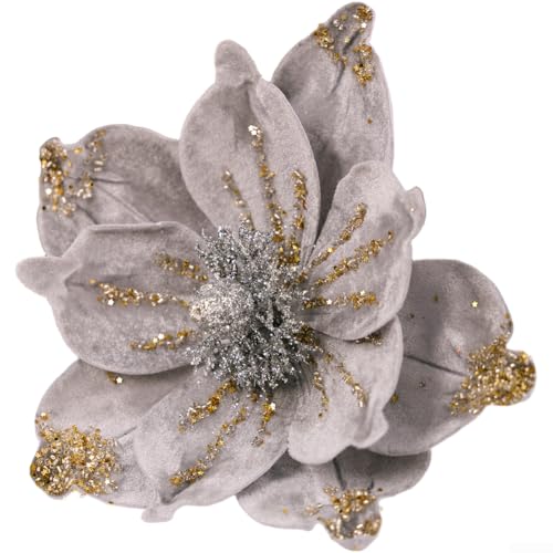 4-teiliges Set mit goldfarbenen Glitzer-Weihnachtsblumen-Dekorationen, geeignet für Baum- und Kranz-Ornamente, mit langlebigem Stoffmaterial (grau) von Jayruit