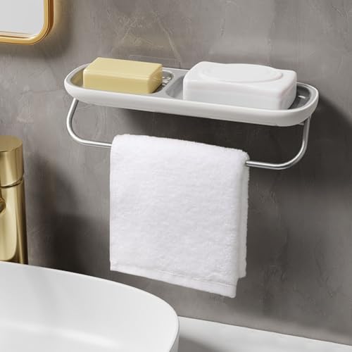 Duschregal ohne Bohren mit wandmontierter Handtuchstange und doppellagigem Badezimmerregal, Seifenhalter mit effektivem Abtropfsystem für trockene Seife und ordentliche Aufbewahrung (Nordic Grey (mit von Jayruit