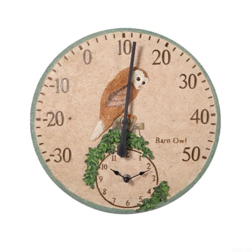 Garten-Wanduhr für den Innen- und Außenbereich, 30,5 cm, Vintage-Vogel-Design mit lautlosem Mechanismus und eingebautem Thermometer für Heimdekoration von Jayruit