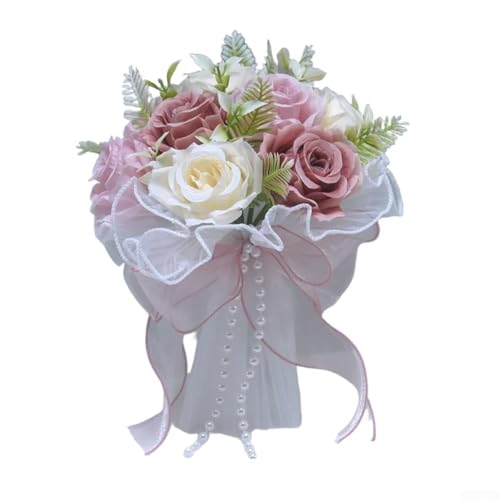 Künstlicher Rosenstrauß, Perlenstrauß, Brautstrauß, Brautjungfer, elegant, Seide, handgefertigt, Blumenarrangement (Bohnenpaste) von Jayruit