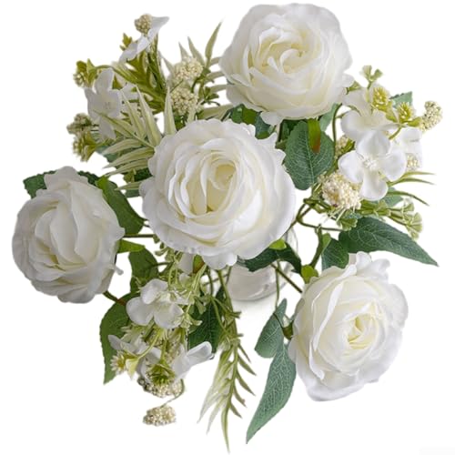 Künstlicher Rosenstrauß aus Stoff für Hochzeitsdekorationen und Heim-Styling mit ergänzenden Blättern in Stoff (weiß) von Jayruit