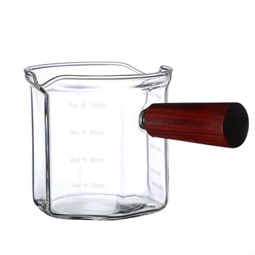 Sechseckiger Glas-Messbecher mit Holzgriff für Espresso, 120 ml Fassungsvermögen (Doppelmund) von Jayruit